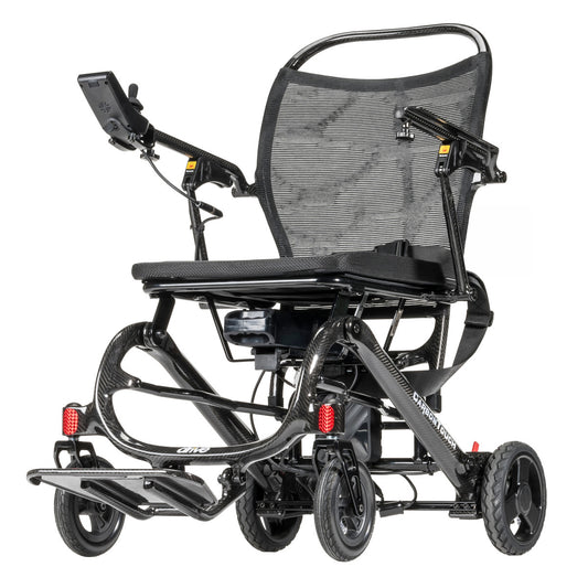 Drive Medical CarbonTouch carbon fiber folding power wheelchair, front three-quarter view