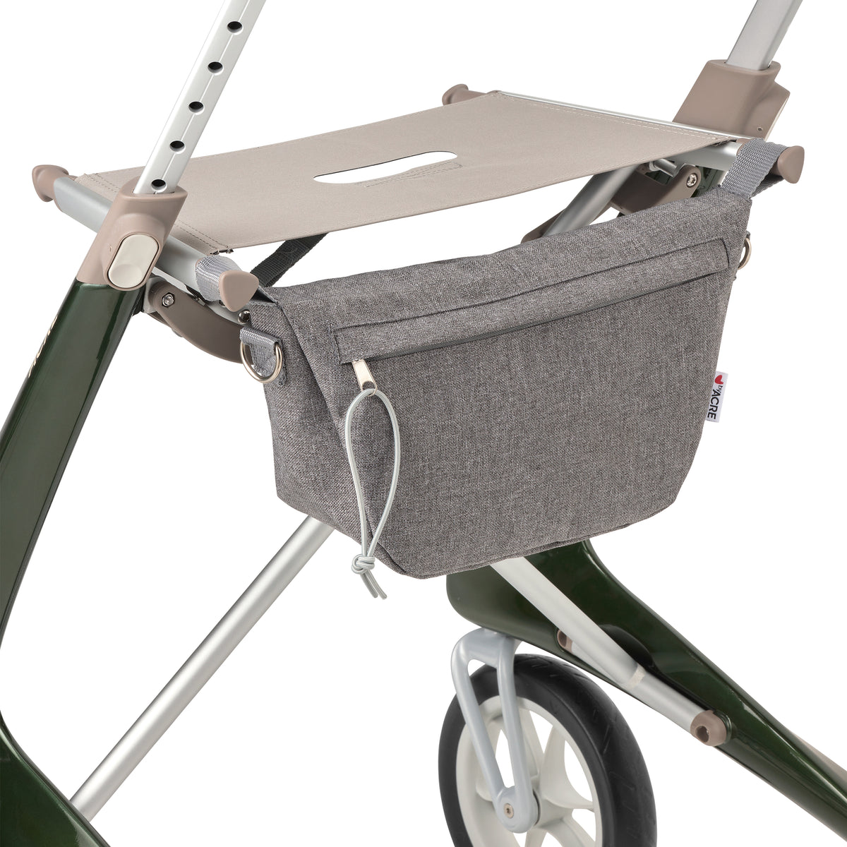 byACRE Organiser Bag clipped under the seat of a British Racing Green Carbon Ultralight rollator