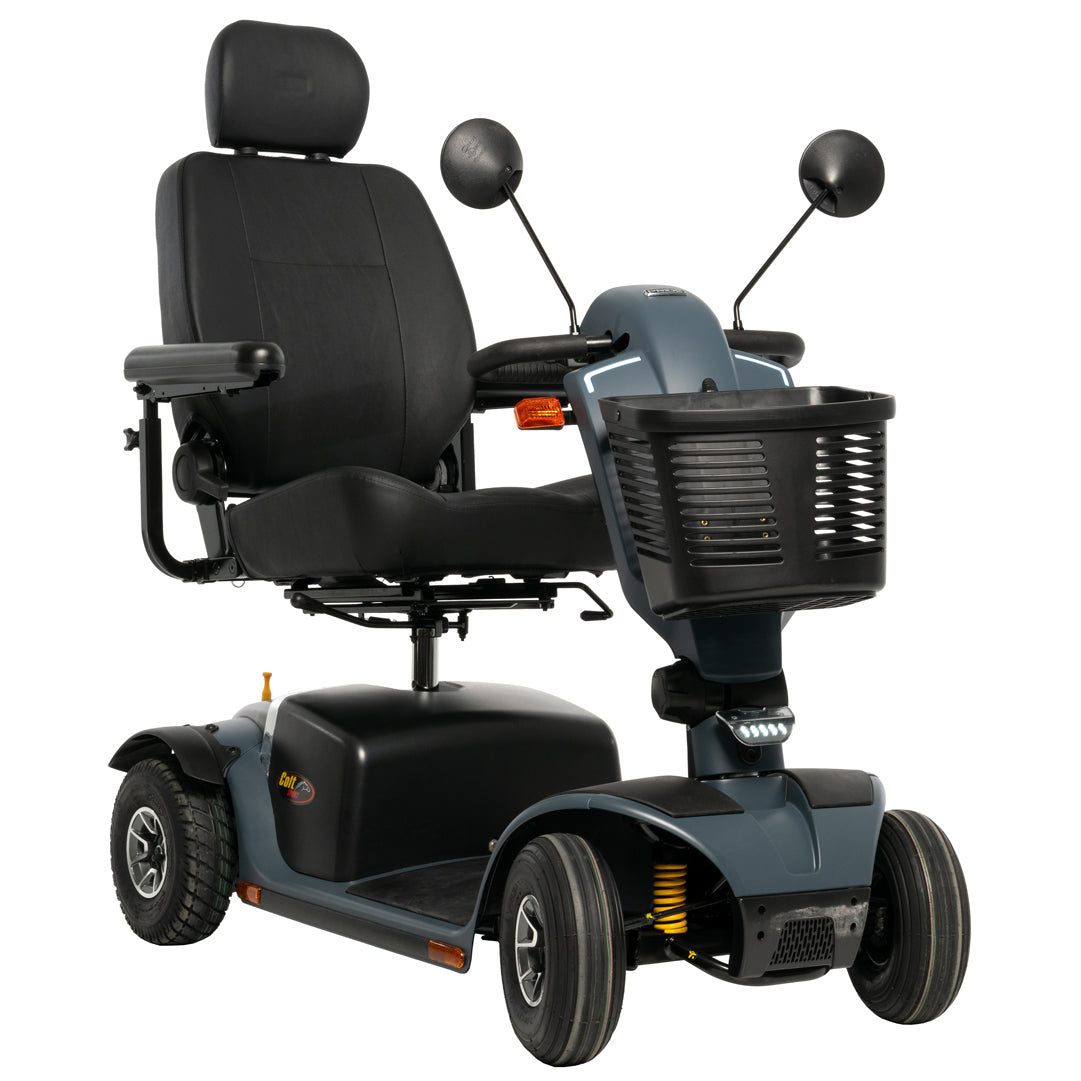 Pride Colt Sport four-wheel mobility scooter in Stone Grey, front three-quarter view