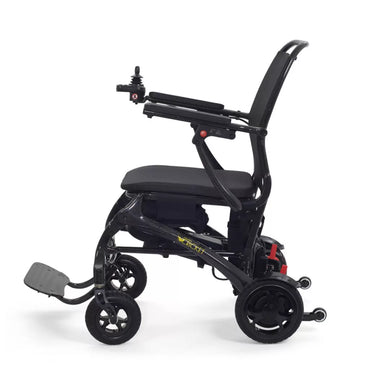 Side profile of the Golden Cricket GP302 electric wheelchair highlighting the comfortable padded seat and backrest.