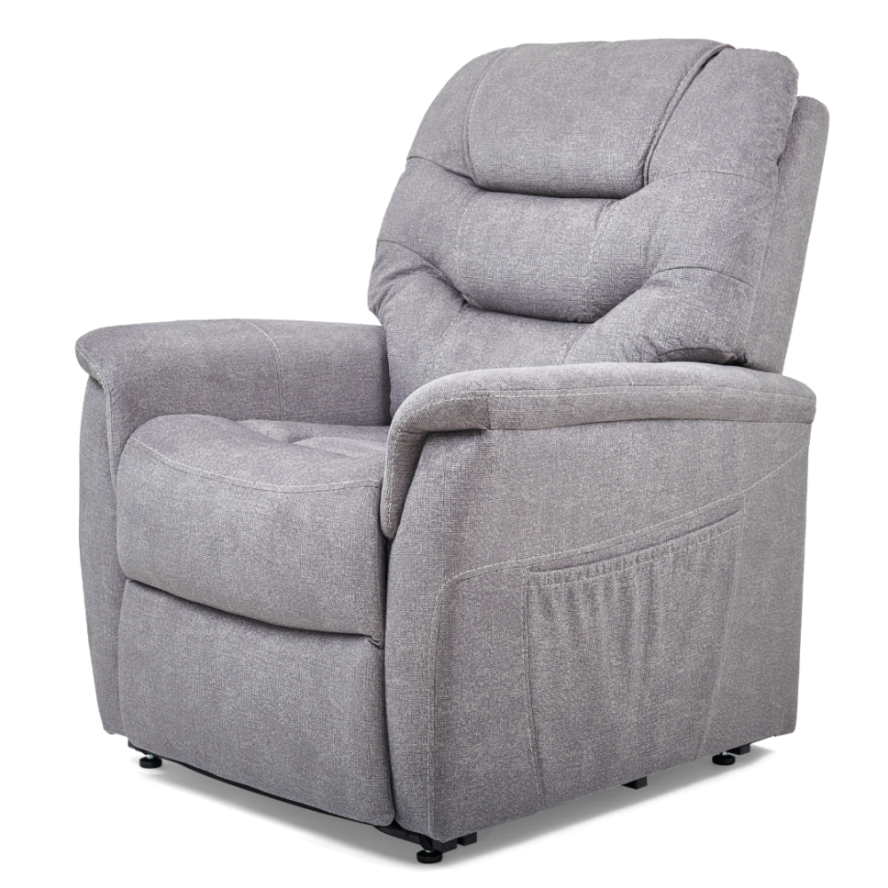 Golden Dione PL446 lift chair in grey fabric, seated three-quarter studio view