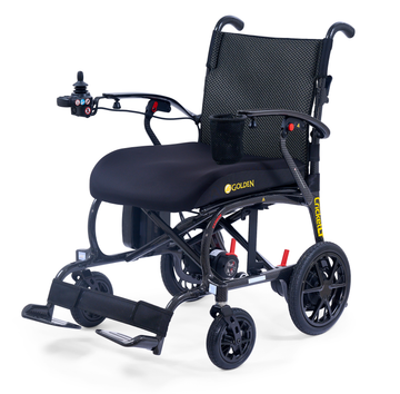 Golden Cricket LT GP309 carbon fibre folding power wheelchair Canada, front three-quarter view