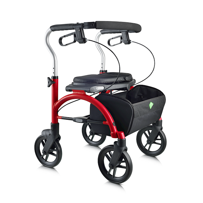 Teal Evolution Xpresso Lite 4-wheel mobility walker with a padded seat and soft storage basket.