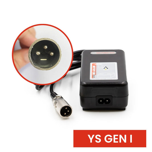 Travel Buggy 24V 2A XLR battery charger with its 3-pin XLR plug and a close-up of the plug pins