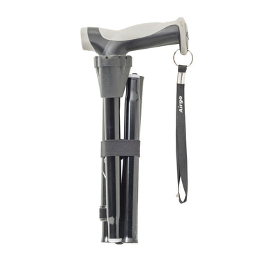 Airgo Comfort-Plus folding cane in Black, folded into sections with its retaining strap