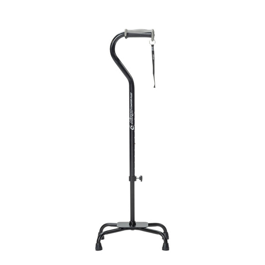Airgo Comfort-Plus large-base quad cane in Black, complete front view with handle, strap and four-foot base