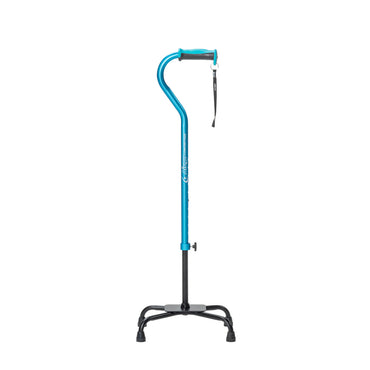 Airgo Comfort-Plus large-base quad cane in Blue, complete front view with handle, strap and four-foot base