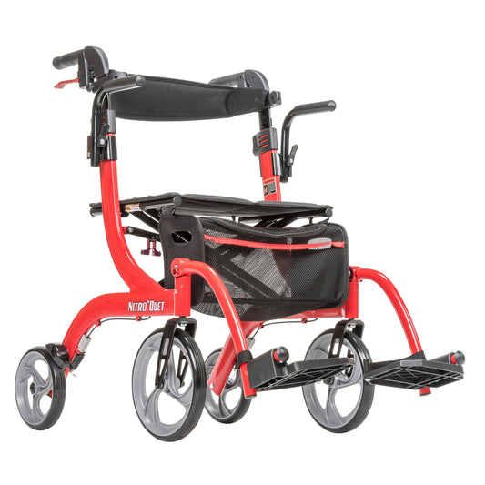 Drive Nitro Duet red rollator and transport chair, complete front three-quarter view in transport mode