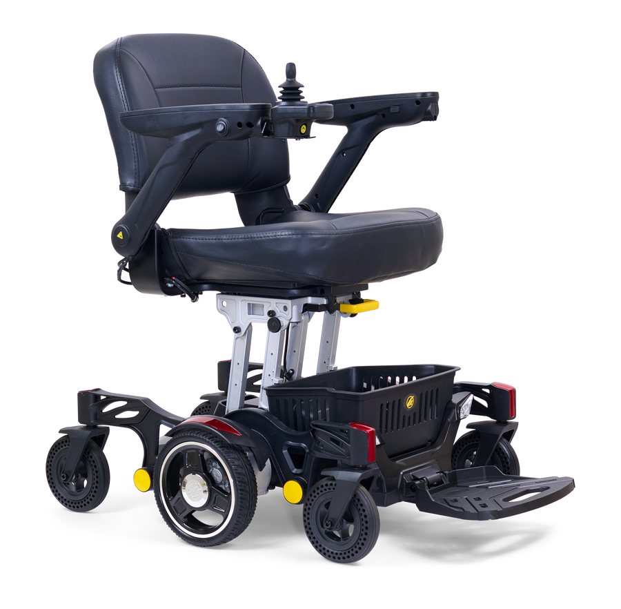 Golden Buzzaround CarryOn GP130 power chair with red shrouds, complete front three-quarter view