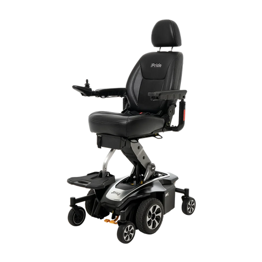 Pride Jazzy Air 2 in Onyx Black, complete front three-quarter view with seat elevated