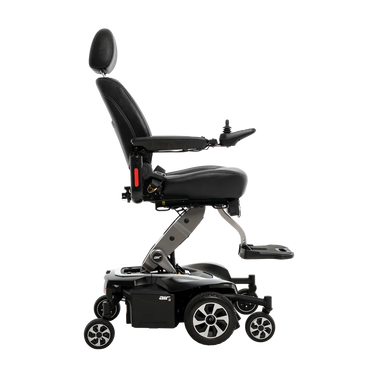 Pride Jazzy Air 2 in Onyx Black, complete side view with seat elevated
