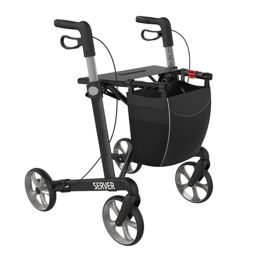 Rehasense SERVER Large rollator in Black, clean three-quarter view with seat and shopping bag