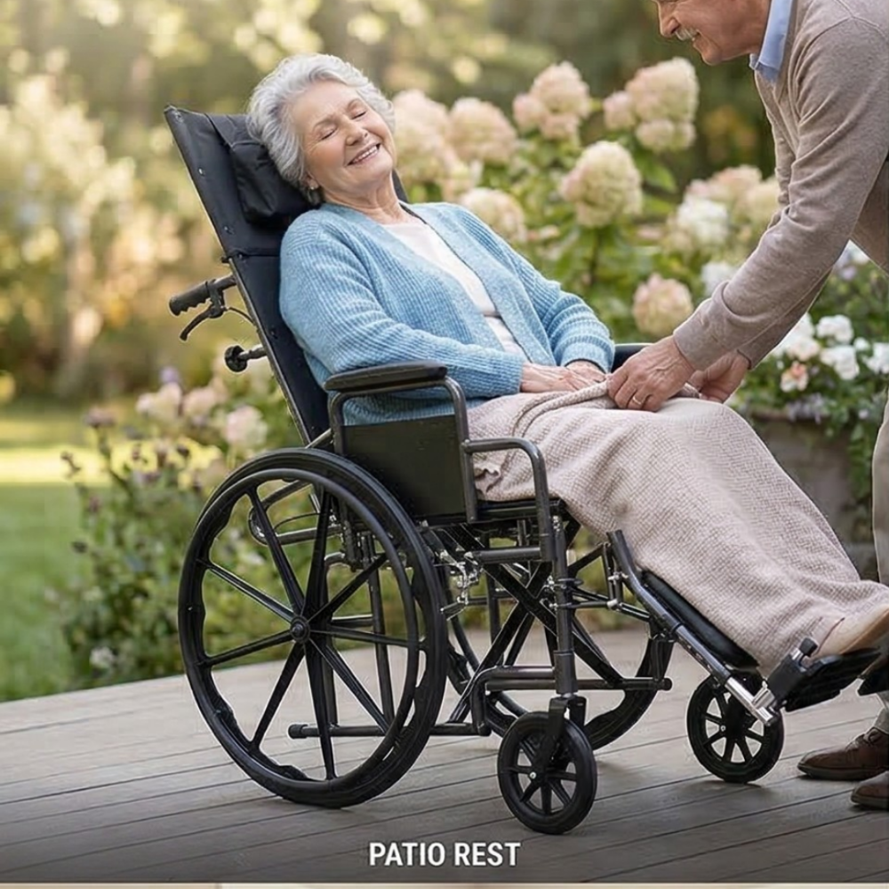 Lifestyle image of a caregiver pushing a senior woman in the MOBB reclining wheelchair along a sunny outdoor path.