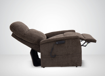 Sitting Pretty Genesis LC-150 in Sophie Latte, reclined with the footrest raised