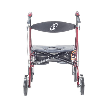 Rear angle of the Airgo Fusion F18 highlighting the caregiver push handles and under-seat storage.