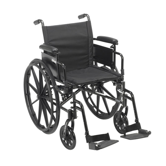 Drive Medical Cruiser X4 manual wheelchair in black with swing-away footrests, front three-quarter view