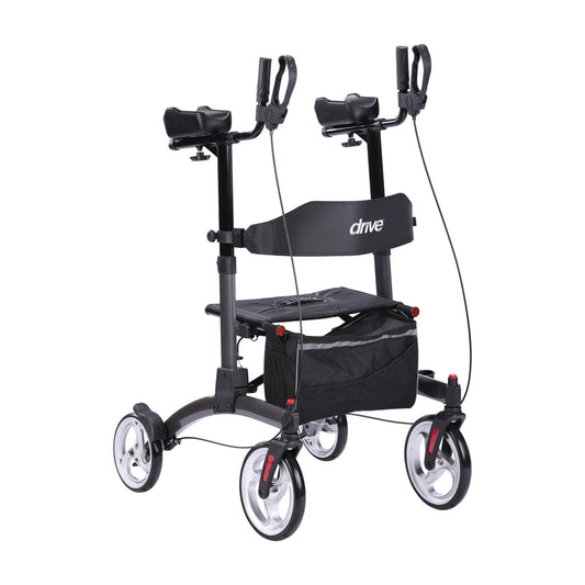 Rear angled view of the grey Drive Elevate Upright Walker highlighting the highly adjustable armrests and locking hand brakes.