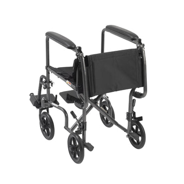 Drive Medical steel transport chair, rear three-quarter view with backrest upright