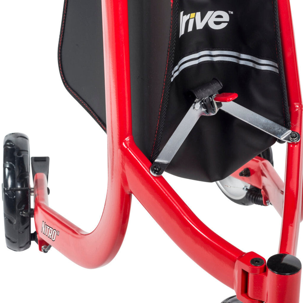 Under-seat storage bag on Drive Medical Nitro 3-Wheel Rollator Walker in red, secure pouch for carrying personal items and essentials in Canada | Care Made