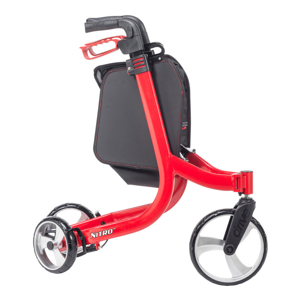Drive Medical Nitro 3-Wheel Rollator Walker in Red – Lightweight Aluminum Mobility Walker with Storage Bag | CareMade Canada