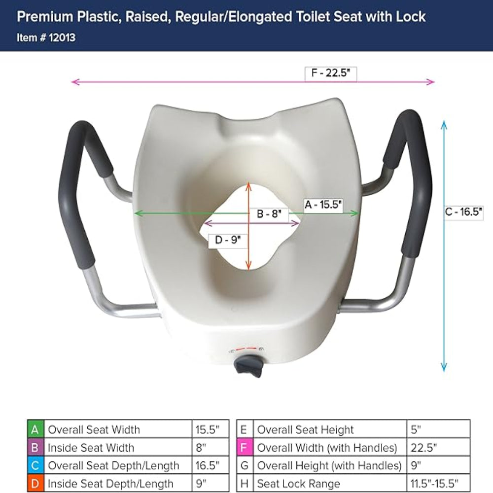 Top-down view of the Drive Medical raised elongated toilet seat secured inside its retail display packaging.