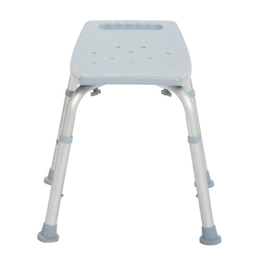 Straight front view of the backless Drive Medical aluminum shower bench designed for secure and reliable bathroom safety.