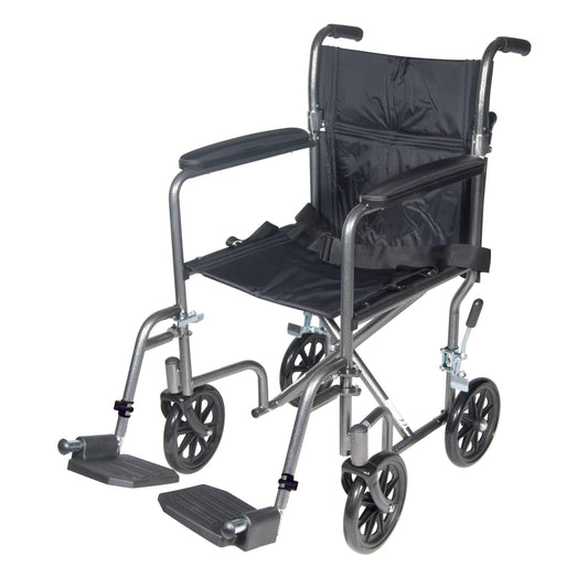 Drive Medical steel transport chair in silver with swing-away footrests, front three-quarter view