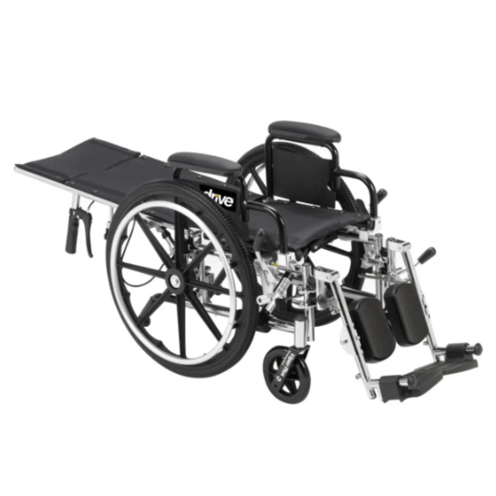 Front right angled view demonstrating the fully reclined, near-flat capabilities of the Drive Medical Viper Plus wheelchair.