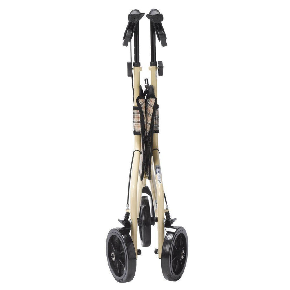 The Drive Medical Winnie Lite Supreme 3-wheel rollator folded completely flat for convenient car transport and compact storage.