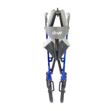 Drive Medical Nitro DLX Rollator in blue folded flat for easy storage and travel.