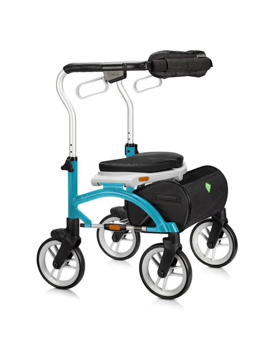 Azure Blue Evolution Xpresso Lite CF rollator with a waterproof padded seat.