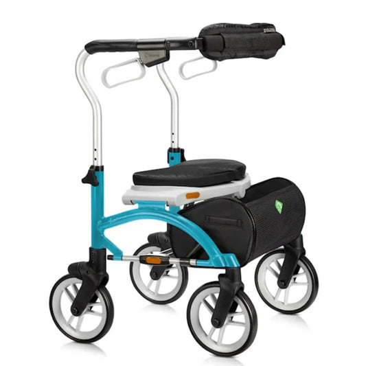 Azure Blue Evolution Xpresso Lite CF rollator with a waterproof padded seat.
