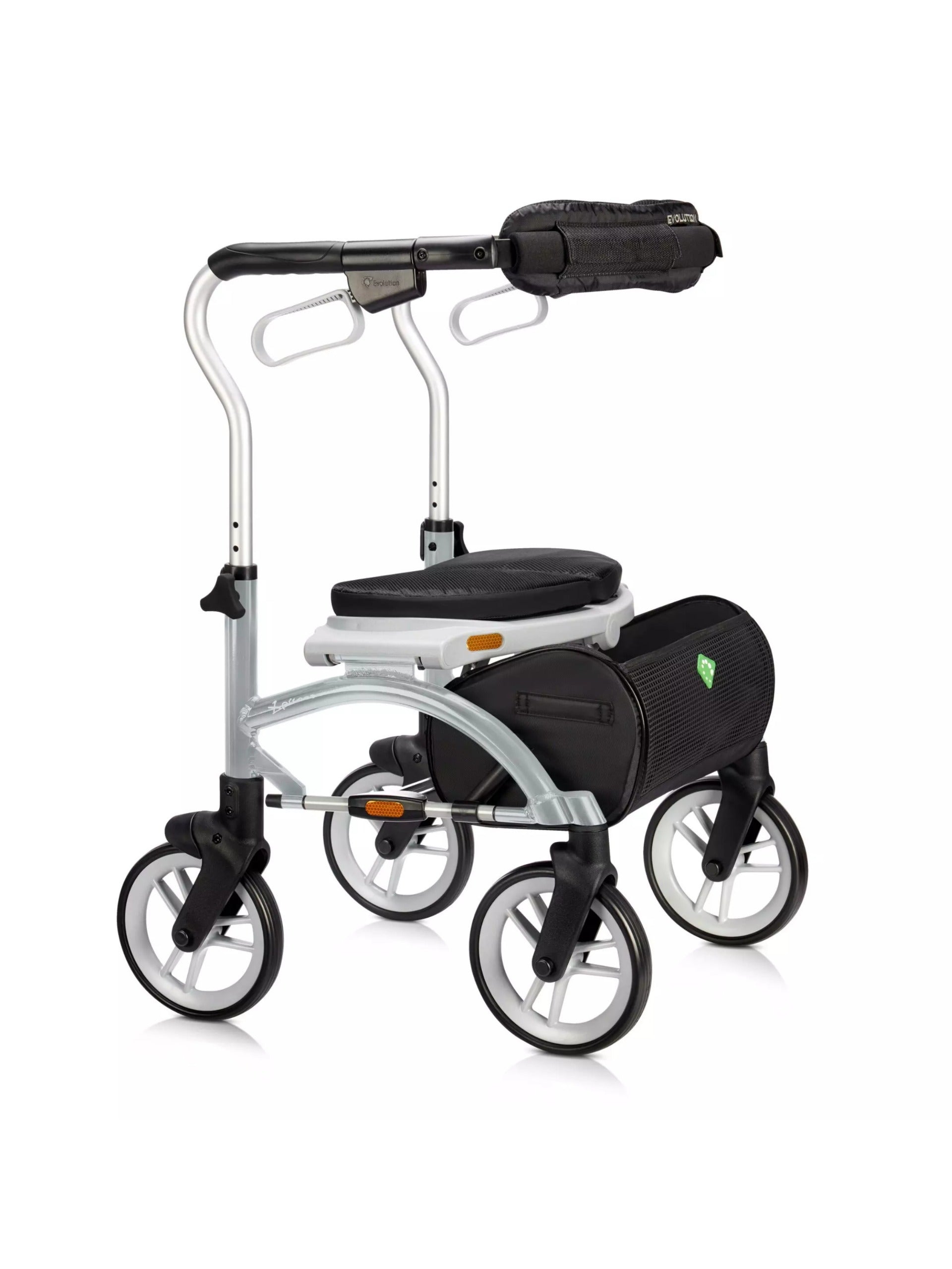 Silver Evolution Xpresso Lite CF cable-free rollator walker featuring a modern design and padded seat.