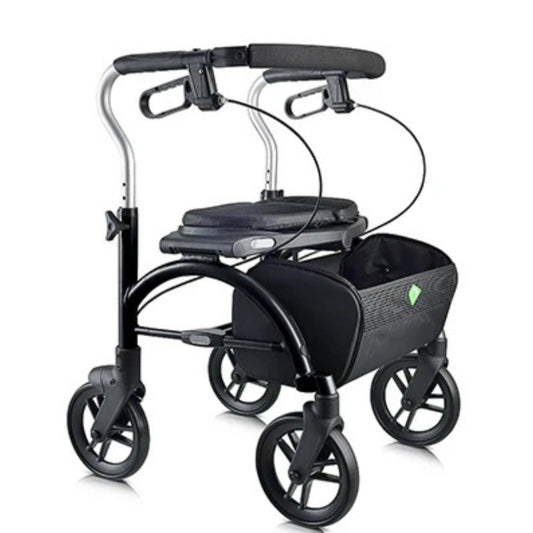 Black Evolution Xpresso Lite lightweight rollator walker featuring a center-folding design.