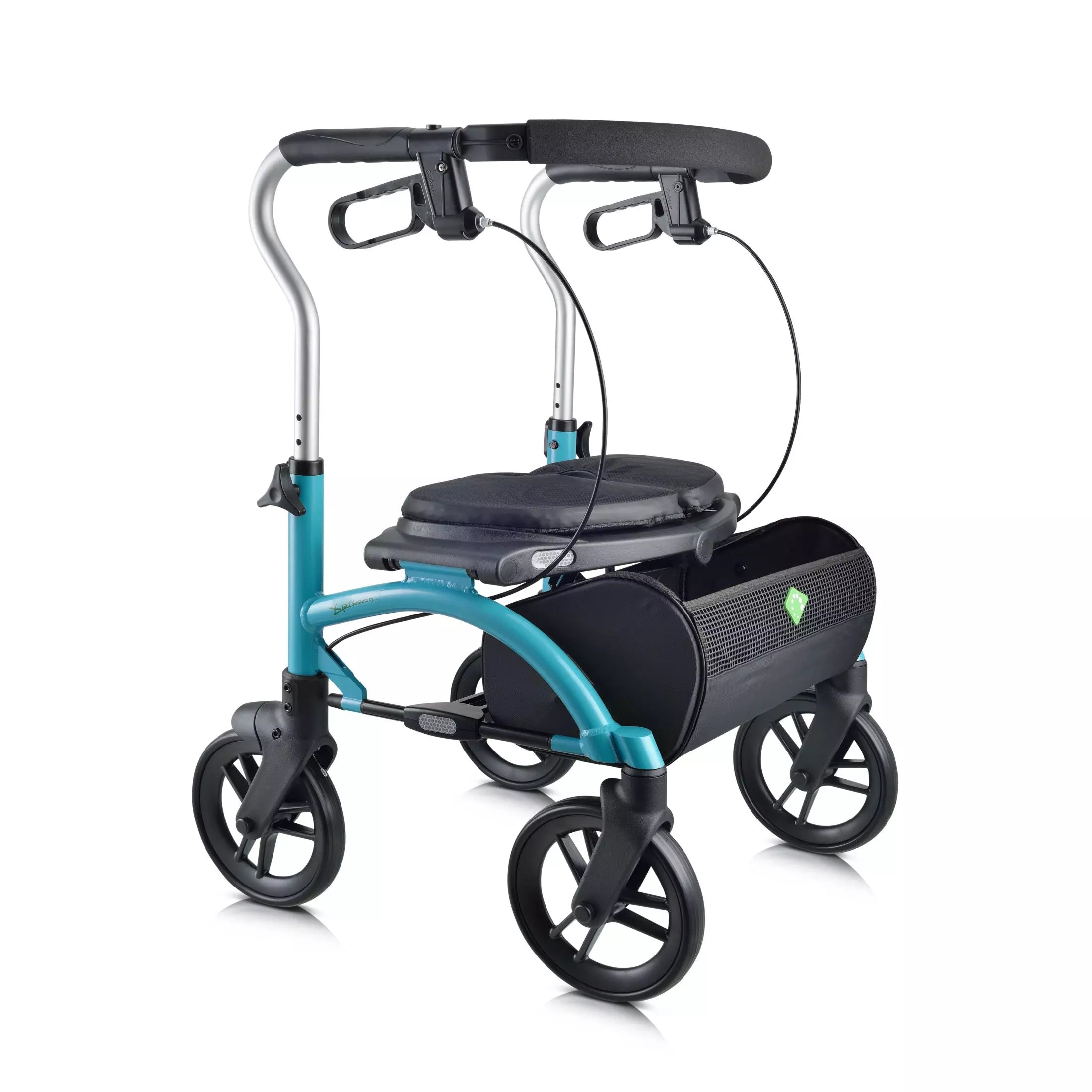 Teal Evolution Xpresso Lite 4-wheel mobility walker with a padded seat and soft storage basket.