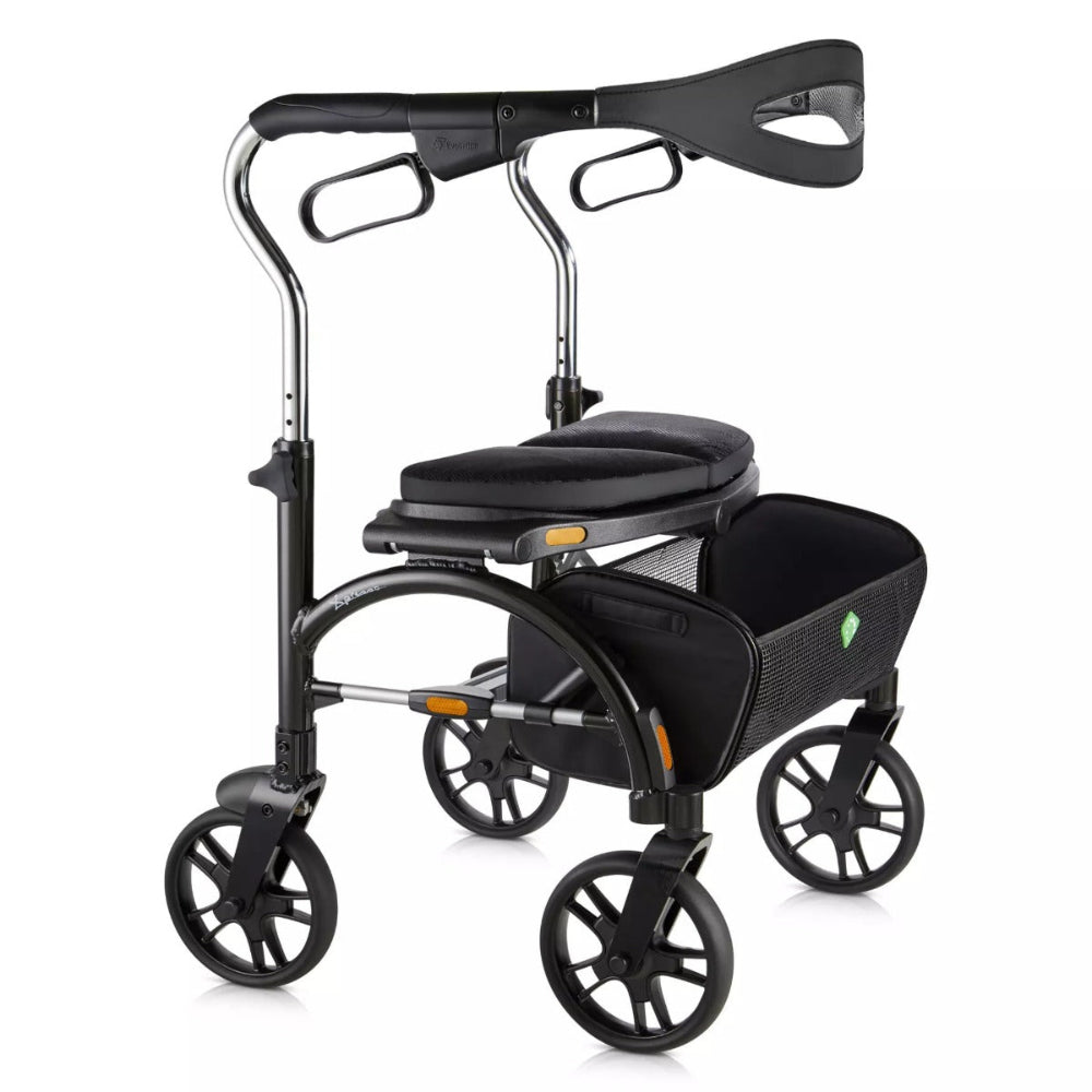 Front angle view of the extra-wide Evolution Xpresso heavy-duty mobility rollator in black.