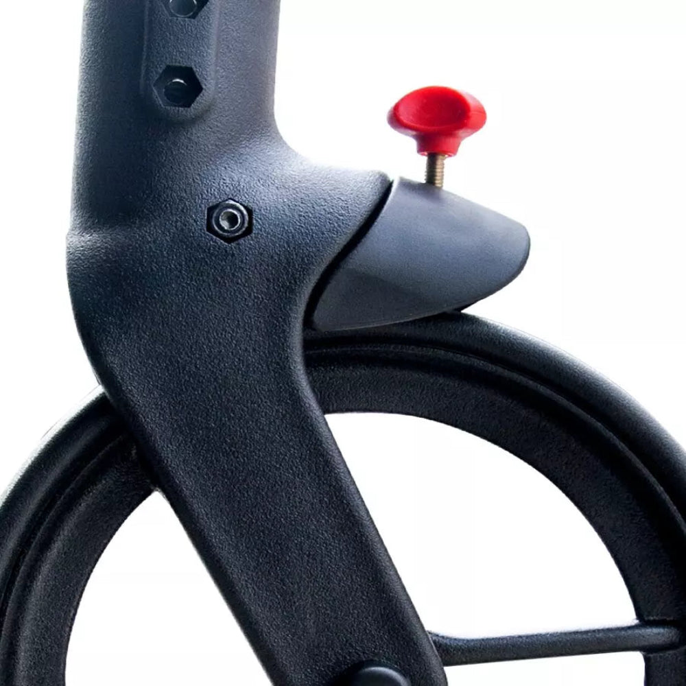 Slow-down brake accessory installed on the wheel of the Evolution Xpresso Wide rollator for added downhill safety.