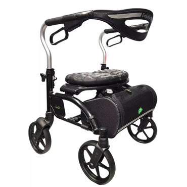 Black Evolution Xpresso Zero rollator featuring a comfortable cushioned seat and wide backrest.