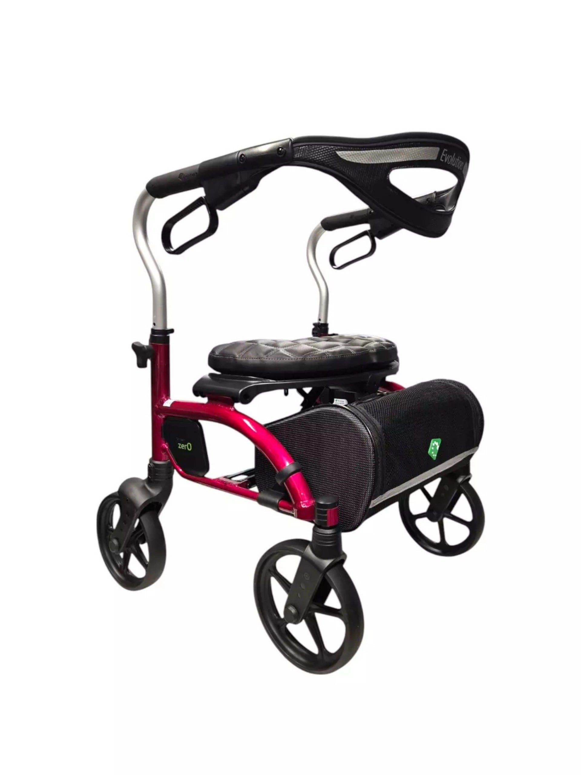 Red Evolution Xpresso Zero 4-wheel mobility walker with a lightweight aluminum frame.