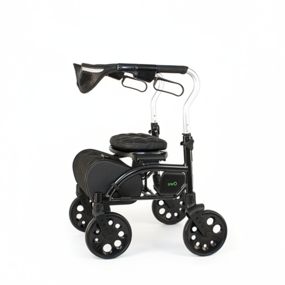 Side profile of the black Evolution Xpresso Zero rollator showing its large wheels and modern center-folding frame design.