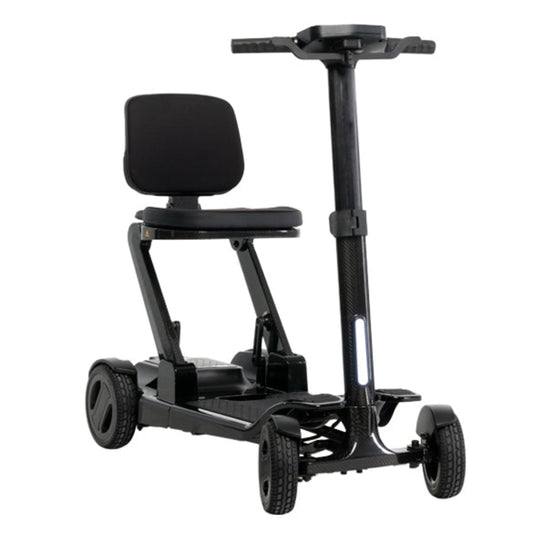 Front angle view of the black Go Go Carbon lightweight carbon fiber mobility scooter by Pride Mobility.