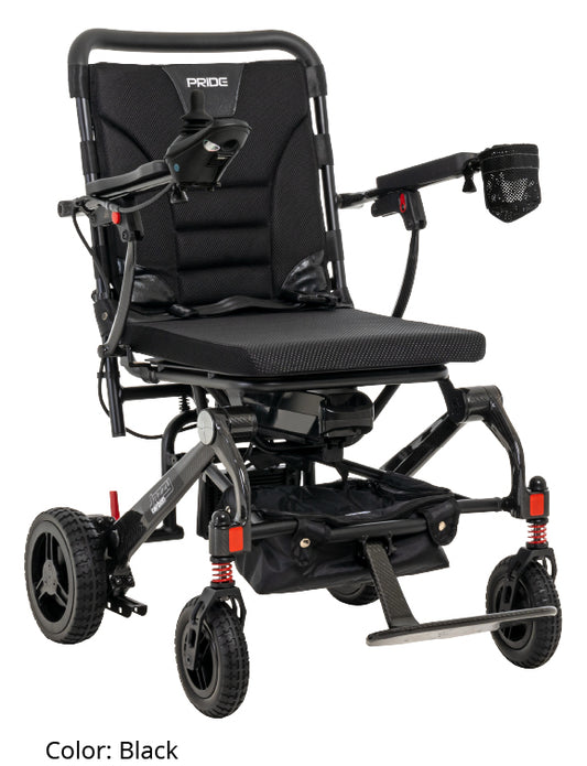 Pride Jazzy Carbon folding travel power wheelchair in black