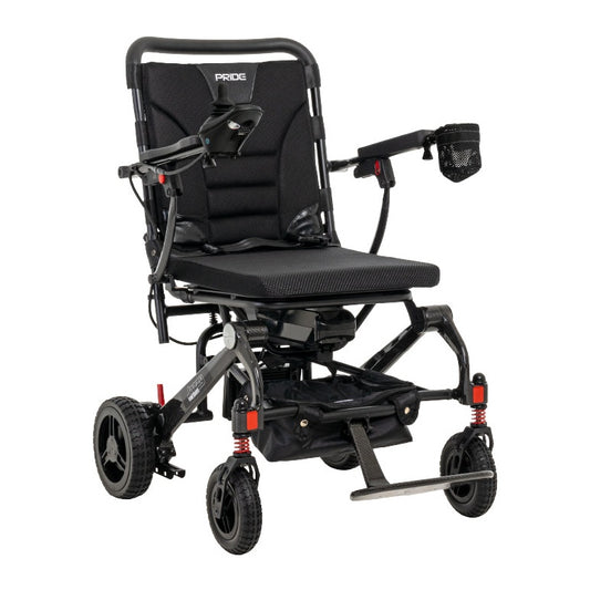 Pride Jazzy Carbon folding travel power wheelchair in black