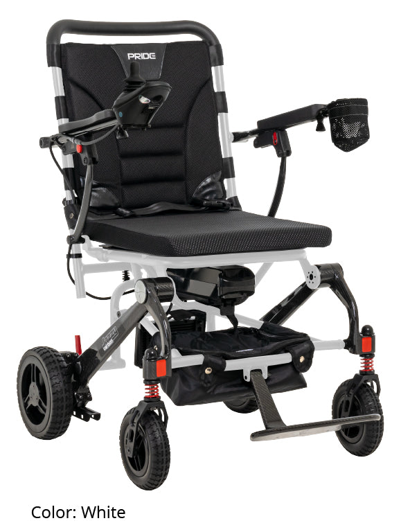 Pride Jazzy Carbon power wheelchair in white, studio view