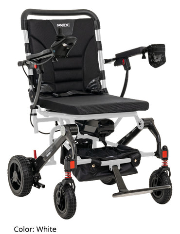 Pride Jazzy Carbon folding travel power wheelchair in white