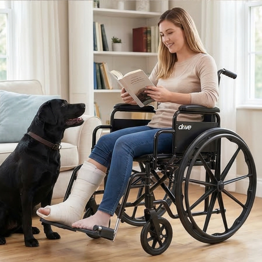 Woman reading a book in a Drive Medical Cruiser X4 wheelchair at home with her dog beside her
