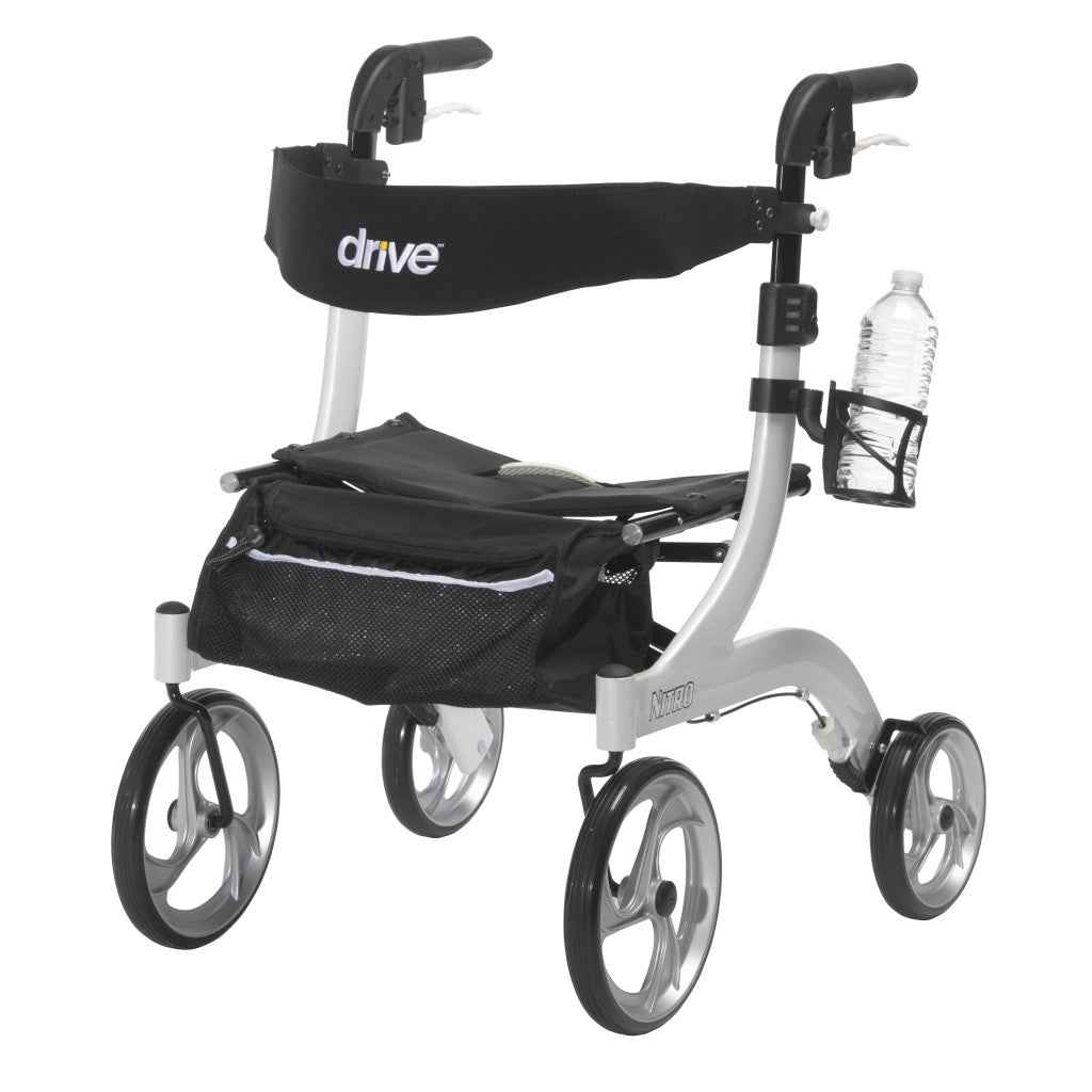Drive Nitro cup holder fitted to a white rollator with a water bottle