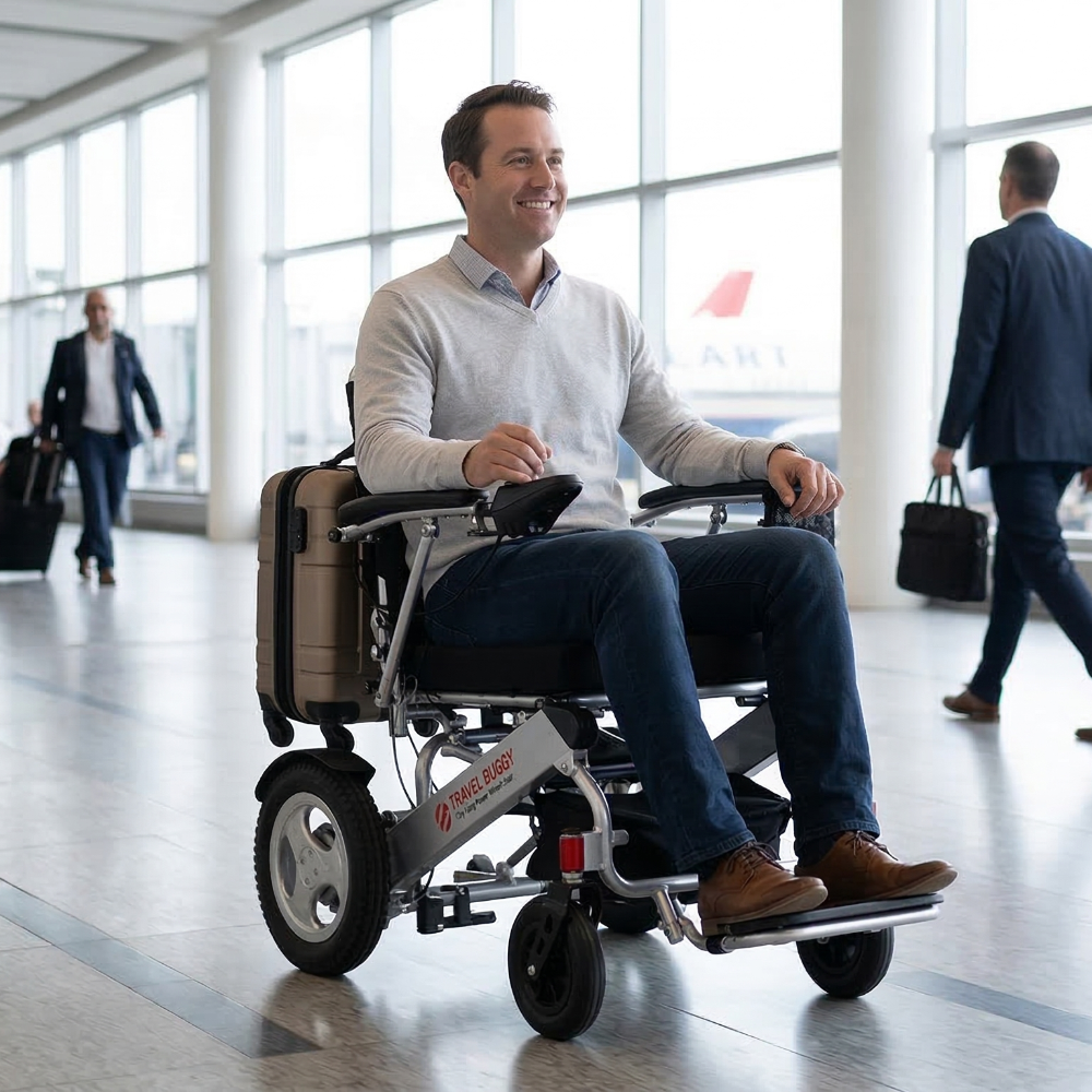 Lifestyle image of a person confidently navigating a spacious airport or transit station using the Travel Buggy City 2 Plus power chair.