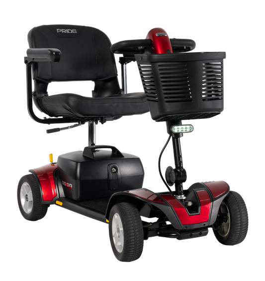Pride Go-Go Sport 4-Wheel mobility scooter in red, front three-quarter view