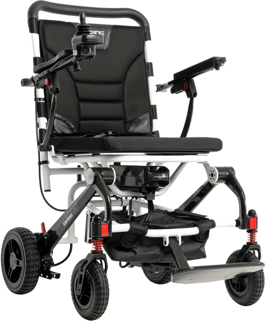 Pride Jazzy Carbon power wheelchair in White, complete front three-quarter studio view